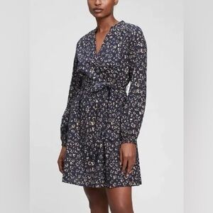 GAP Navy Blue Tan Floral A Line Flowy Dress Pockets Long Sleeve *missing Belt M